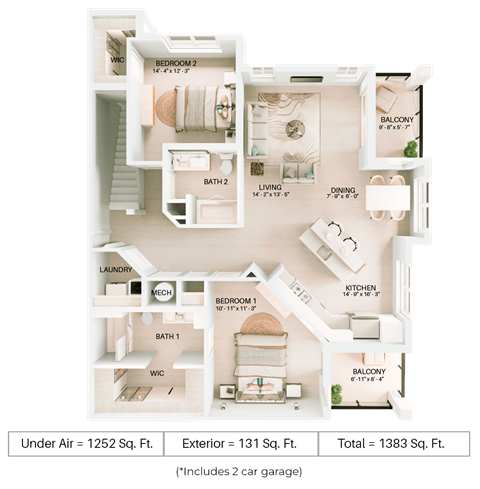 Floor plan for 2 beds, 2 baths, 1252 sqft
